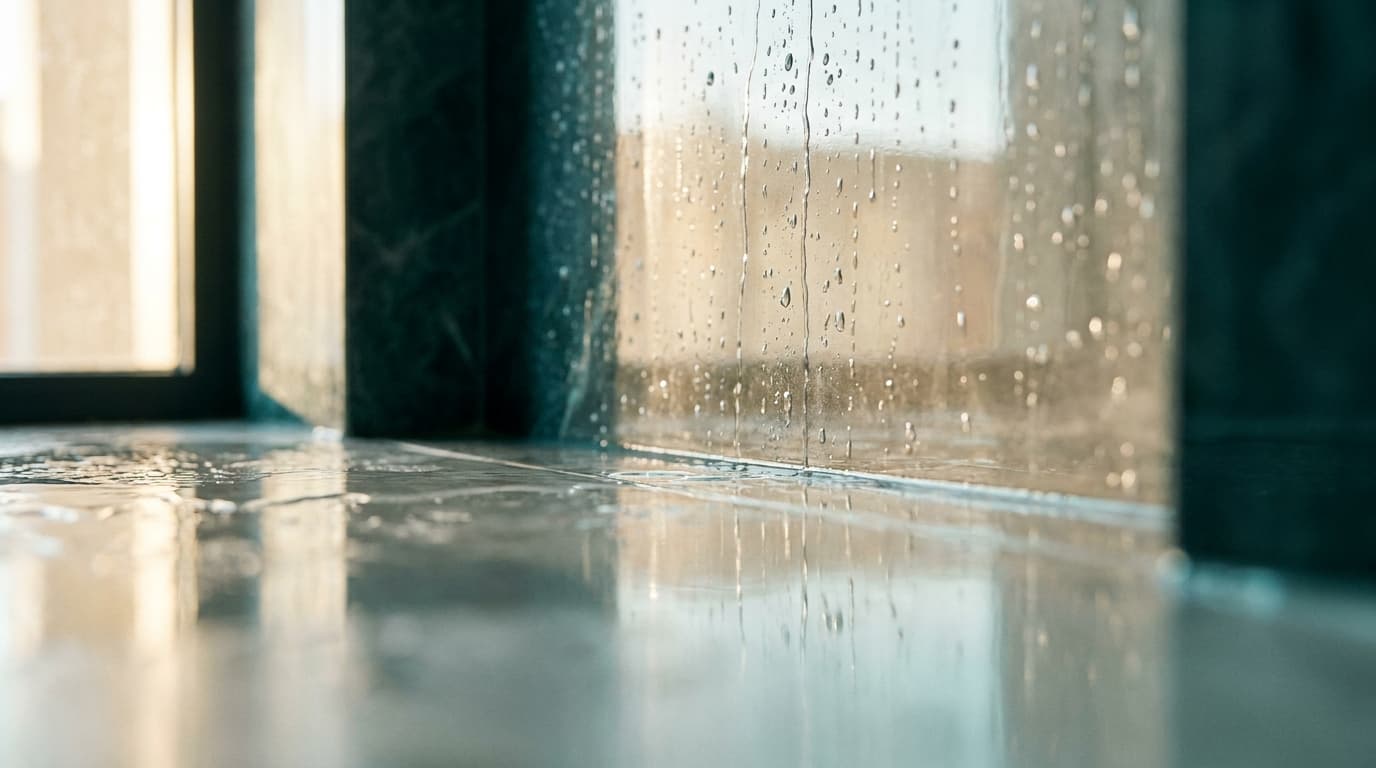 Nasse, glänzende Fliesen in einer modernen Dusche